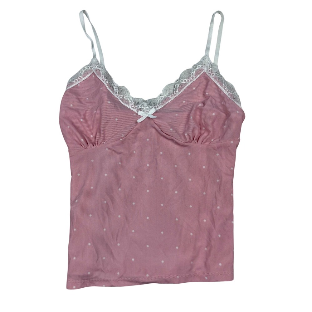 Y2K Body Touch Baby‎ Pink Polka Dot Lace Cami Ribbed Tank Top Medium Coquette